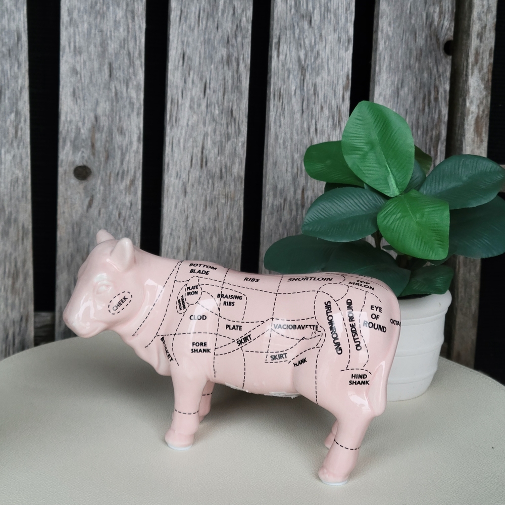 Beef Butcher Whimsical Pink Ceramic Cow Sculpture Outlined Cuts Chart - Picture 5 of 7